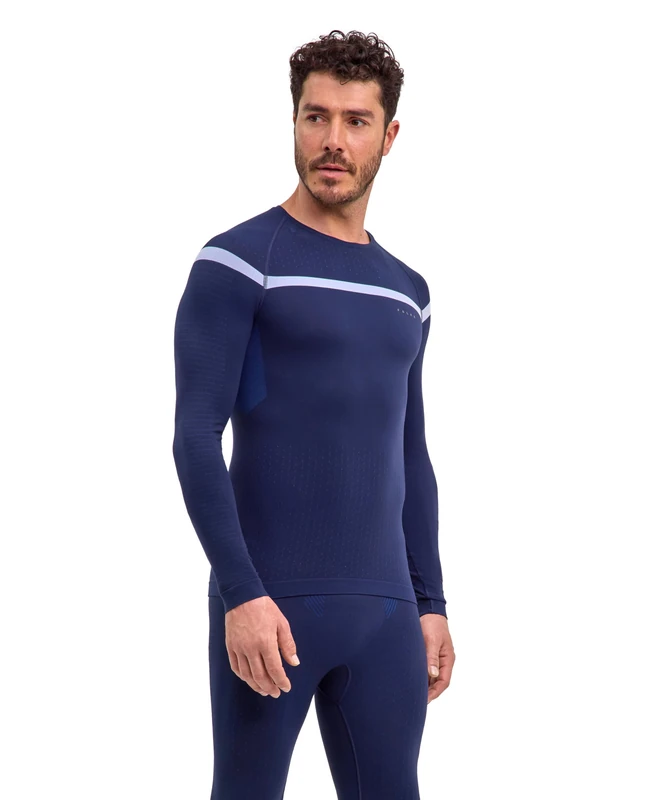 FALKE Men's Warm Round Neck M L/s Sh Functional Yarn Quick Dry 1 Piece Base Layer Top, Blue Space 6116 Trend, S