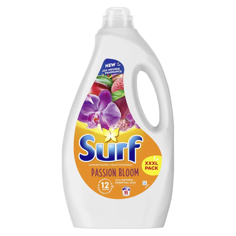 Surf Passion Bloom Laundry Washing Liquid Detergent with a joy-infused fragrance & natural essential oils lasting up to 12 hours in wear for brilliantly clean results 95 washes 2.565 L