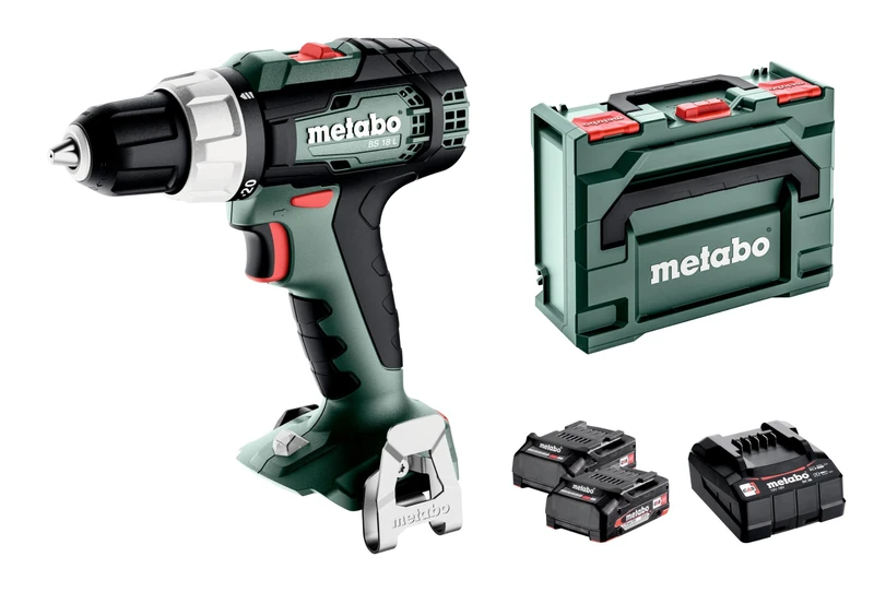 metabo Cordless Drill BS 18 L - 18 V, 60 Nm Torque, 13 mm Keyless Drill Chuck, 2-Speed Gearbox - LED Light, Bit Depot, Belt Hook, Compact, Powerful - Includes 2 Batteries, Charger, metaBOX