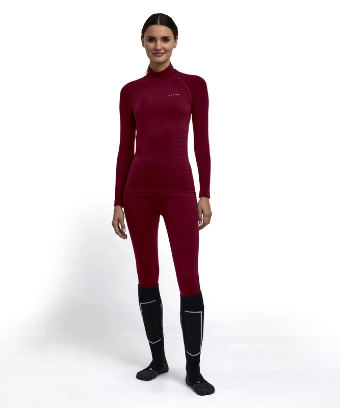 FALKE Women's Maximum Warm High Neck W L/s Sh Functional Yarn Quick Dry 1 Piece Base Layer Top, Red Merlot 8117 Trend, L