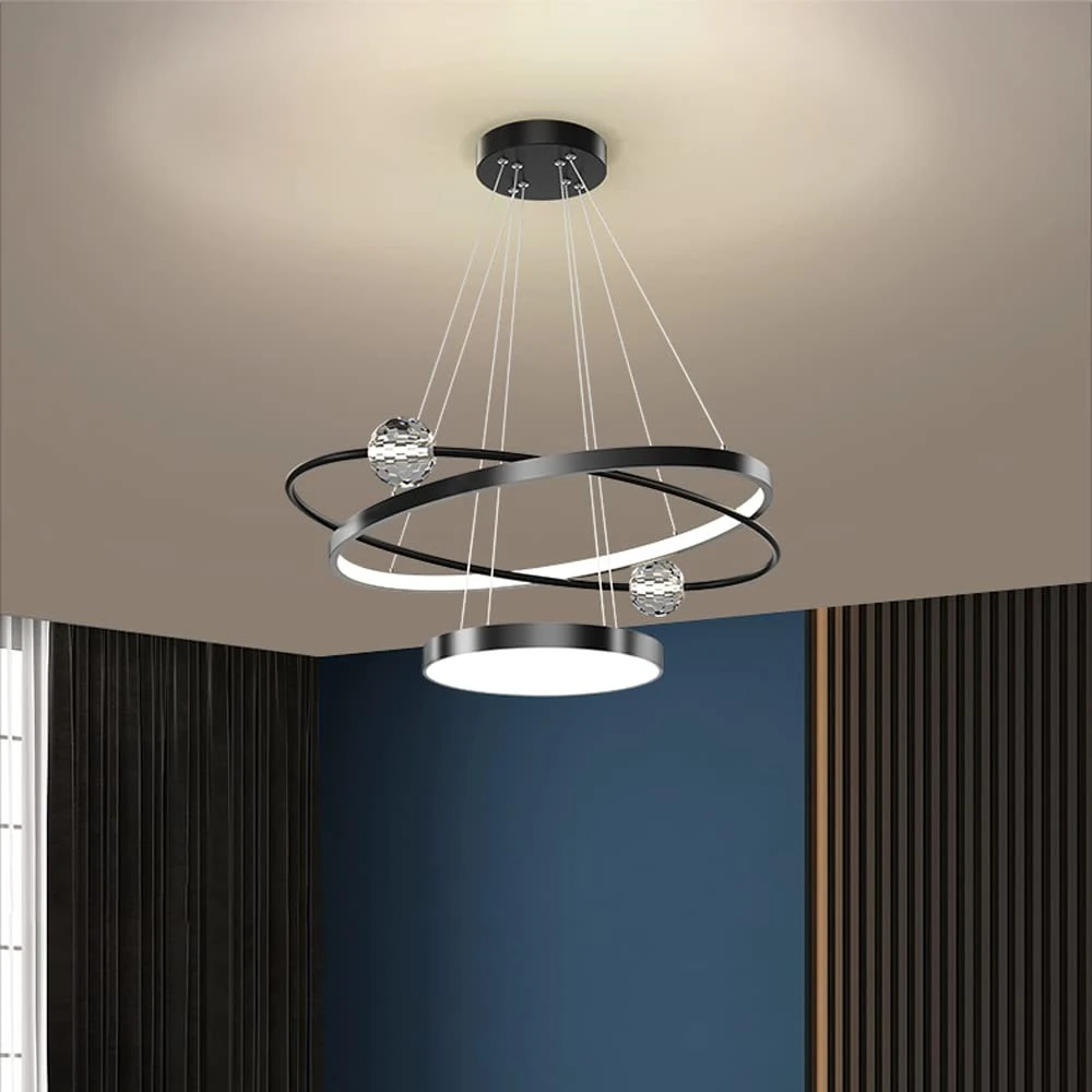 Retro Lights Fixture, Living Room Kitchen LED Pendant Light, 3 Rings Collection Brass Paint, Crystal Glass Ball，Adjustable Hanging Light Chandelier Contemporary Ceiling Light, White Light 6500K,