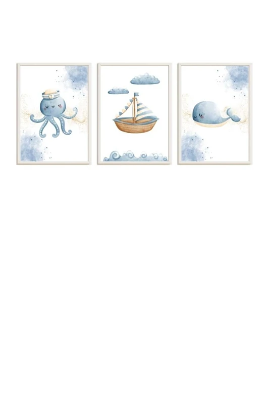 Set of 3 Cuadros infantiles Formed by Cuadro Pink Jellyfish, Estampado océano y Medusa Azul_AlexandraHouse - Image 1