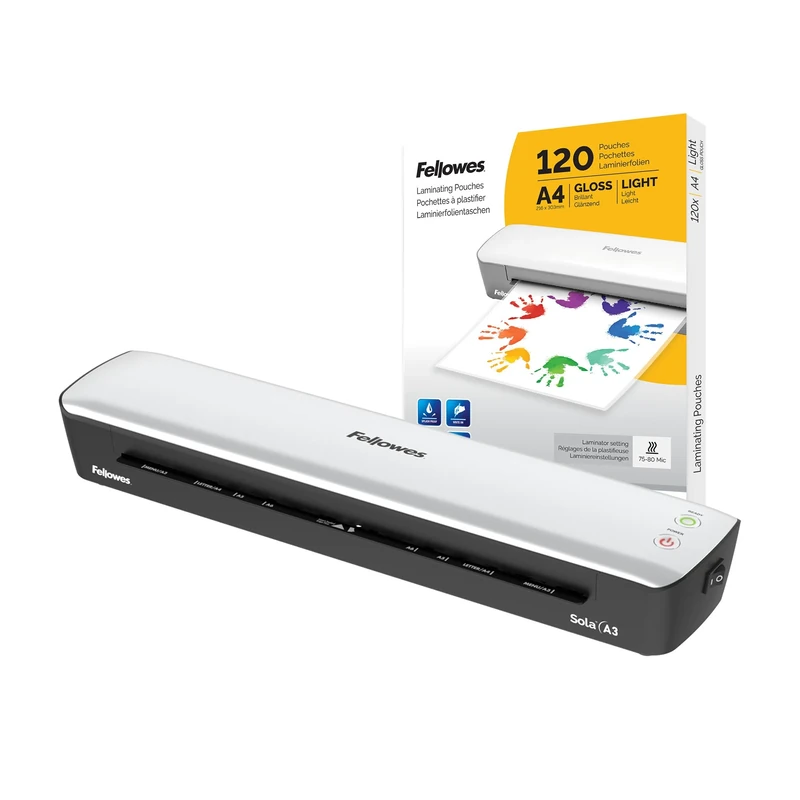 Fellowes Sola A3 Laminator Machine for Home Use - Auto Shut Off Feature - 80-125 Micron + Fellowes A4 Laminating Pouches, Glossy Finish, 120 Sheets - Ideal for Notices and Photos - Amazon Exclusive