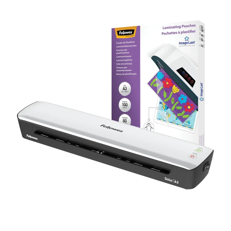 Fellowes Sola A3 Laminator Machine for Home Use - Auto Shut Off Feature - 80-125 Micron + Fellowes A3 Laminating Pouches - Gloss Finish - 100 Sheets - 160 Micron (2 x 80 Micron) High Quality Finish