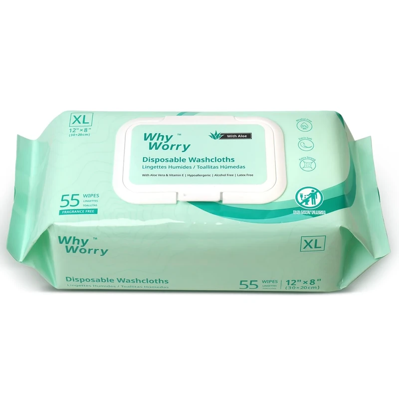 WhyWorry Wet Wipes for Adults, Extra Large 20x30 cm Body Cleaning Wipes for Elderly Care & Incontinence Cleansing, Extra Thick Adult Washcloths Disposable with Aloe & Vitamin E, Unscented, 55 Count