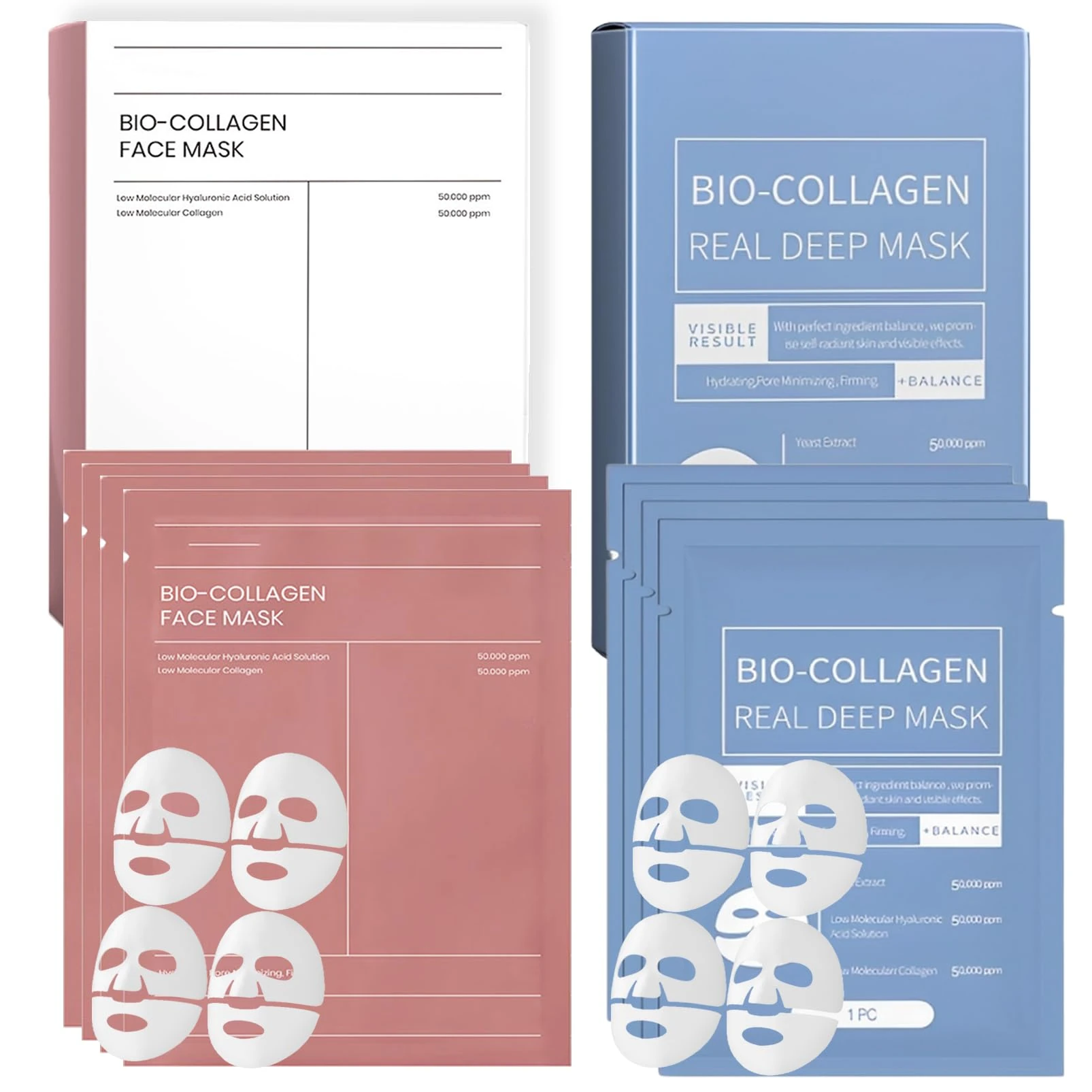 ChicNana Collagen Mask, Bio Collagen Face Mask, Collagen Masks Overnight, Korean Skincare, Face Skincare, Hydrating, Sheet Overnight Beauty (Red 4pc+Blue 4pc)
