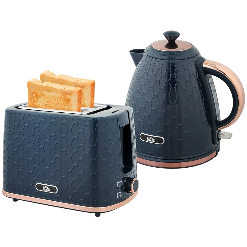 HOMCOM Kettle and Toaster Set, 1.7L 3000W Fast Boil Jug Kettle with Auto Shut Off, 2 Slice Toaster with 7 Level Browning Controls & Crumb Tray, UK Otter Thermostat, Blue