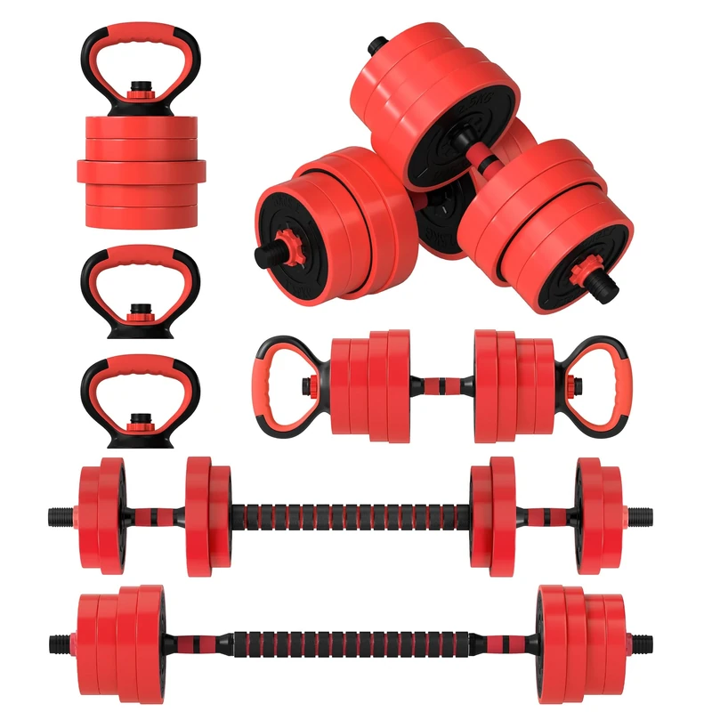 SPORTNOW 6-in-1 Adjustable Weight Dumbbells Set, Used as Barbell, Kettlebell, Push up Stand, Free Weights Set for Men and Women Home Gym Training, 30KG, Red