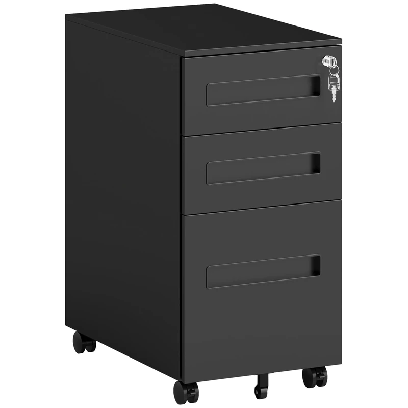Vinsetto 3 Drawer Mobile File Cabinet, Metal Filing Cabinet with Lock and 5 Wheels for A4/Legal/Letter Sized Documents, Hanging File Folders, Pre-Assembled Body, 30 x 43.5 x 60 cm, Black