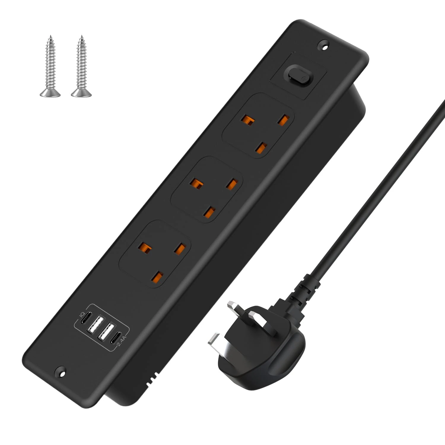 3M/9FT Extension Cord Power Strip,Recessed Desk Power Sockets with 2 USB A,2 USB-C Ports, Power Extension Lead with 3 Outlets With 2 Screws,Hidden in Furniture Desk Table for Home Office (Black)