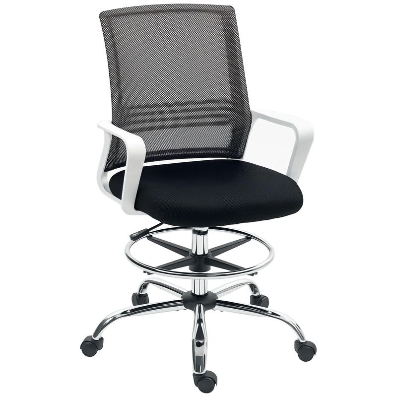 HOMCOM Drafting Chair, Swivel Draughtsman Chair, Ergonomic Office Chair, Mesh Standing Desk Chair with Lumbar Support, Adjustable Foot Ring, Adjustable Height, Black