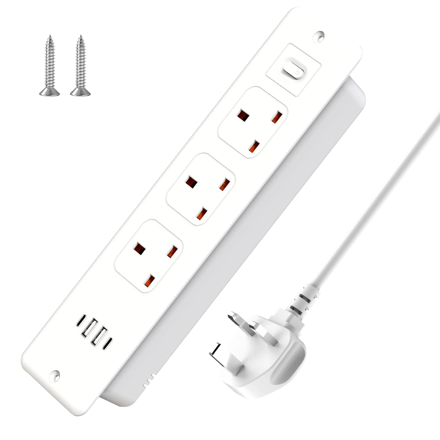 3M/9FT Extension Cord Power Strip,Recessed Desk Power Sockets with 2 USB A,2 USB-C Ports, Power Extension Lead with 3 Outlets With 2 Screws,Hidden in Furniture Desk Table for Home Office (White)