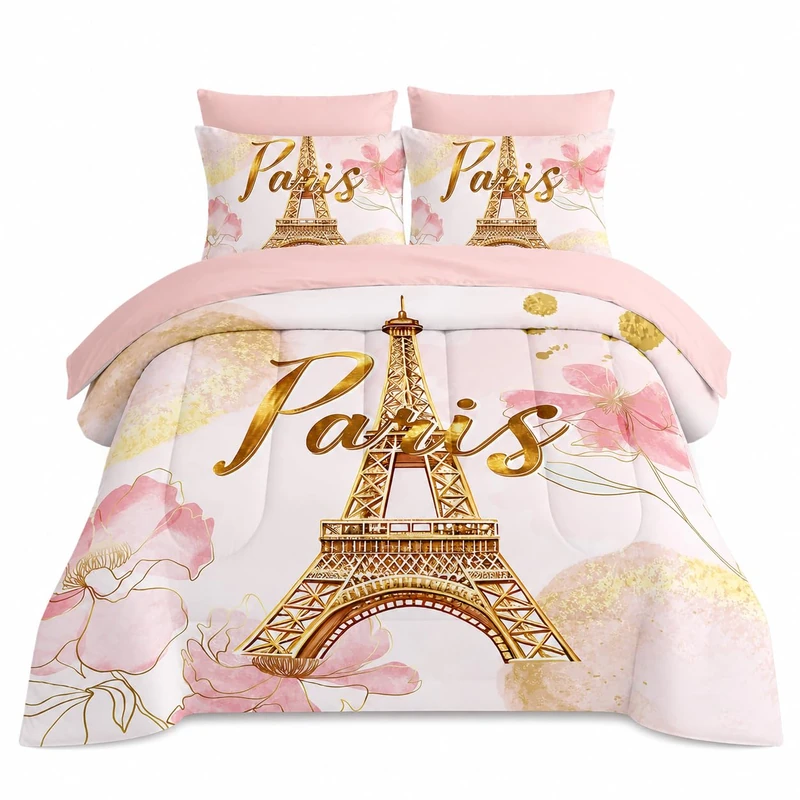 AILONEN Paris Eiffel Tower Comforter Set Queen 7-Piece Tie Dye Flower Pink Bed in a Bag for Girls Women,Soft Comforter & Fitted Sheet with Flat Sheet,2 Pillowcases,2 Pillow Shams