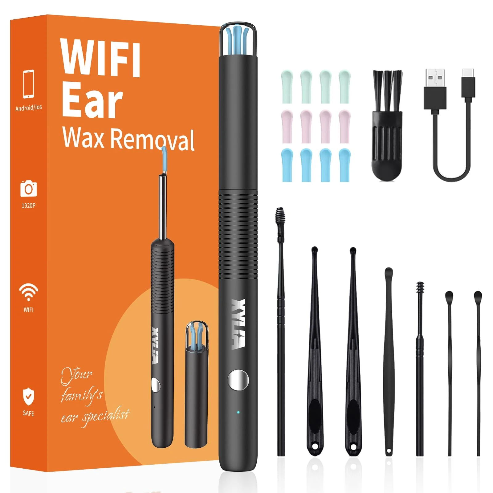 Xylla Ear Wax Removal Kit with 1920P HD Camera Wireless Otoscope Earwax Cleaner with 12 PCS Ear Spoons & 6 LED Lights Earwax Remover Tool Portable Type-C Rechargeable for iPhone iPad Android (Black)