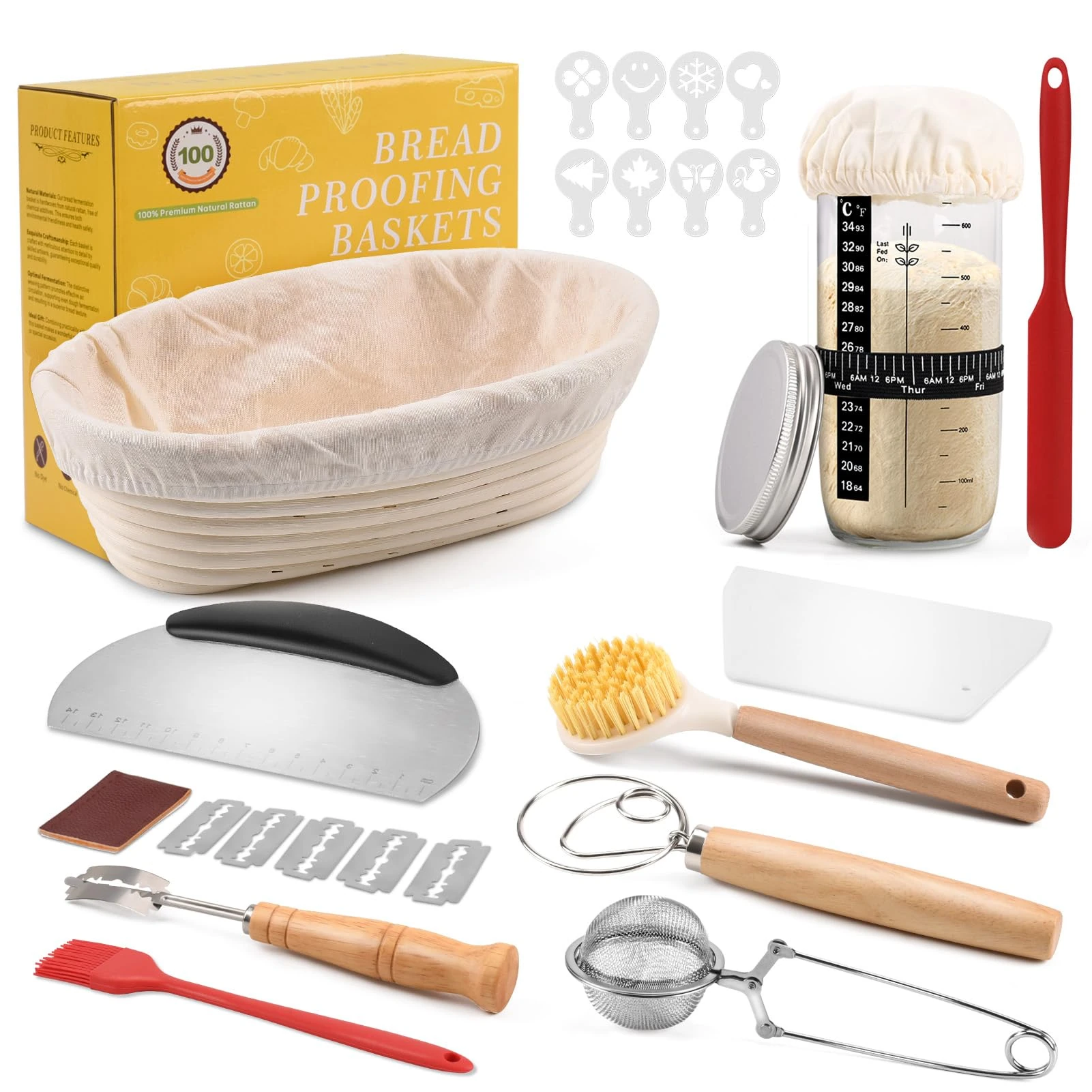 Clheatky Sourdough Starter Set, Complete Sour Dough Starter Kit With Jar, 25cm Oval Banneton Proofing Baskets, 11 PCS Bread Making Accessories, Bread Fermentation Basket Gift Set for Baking Lover