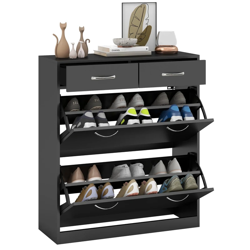 HOMCOM Narrow Shoe Cabinet, Slim Shoe Storage Cabinet with 2 Flip Drawers, 2 Slide Out Drawers and Adjustable Shelves for 12 Pairs of Shoes for Entryway Hallway, Black