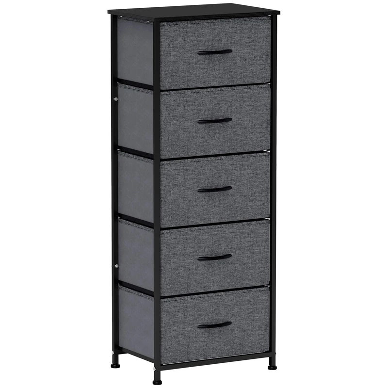 HOMCOM Fabric Chest of Drawers, Industrial Bedroom Dresser with 5 Fabric Drawers, Steel Frame and Wooden Top for Nursery, Living Room, Hallway, Dark Grey