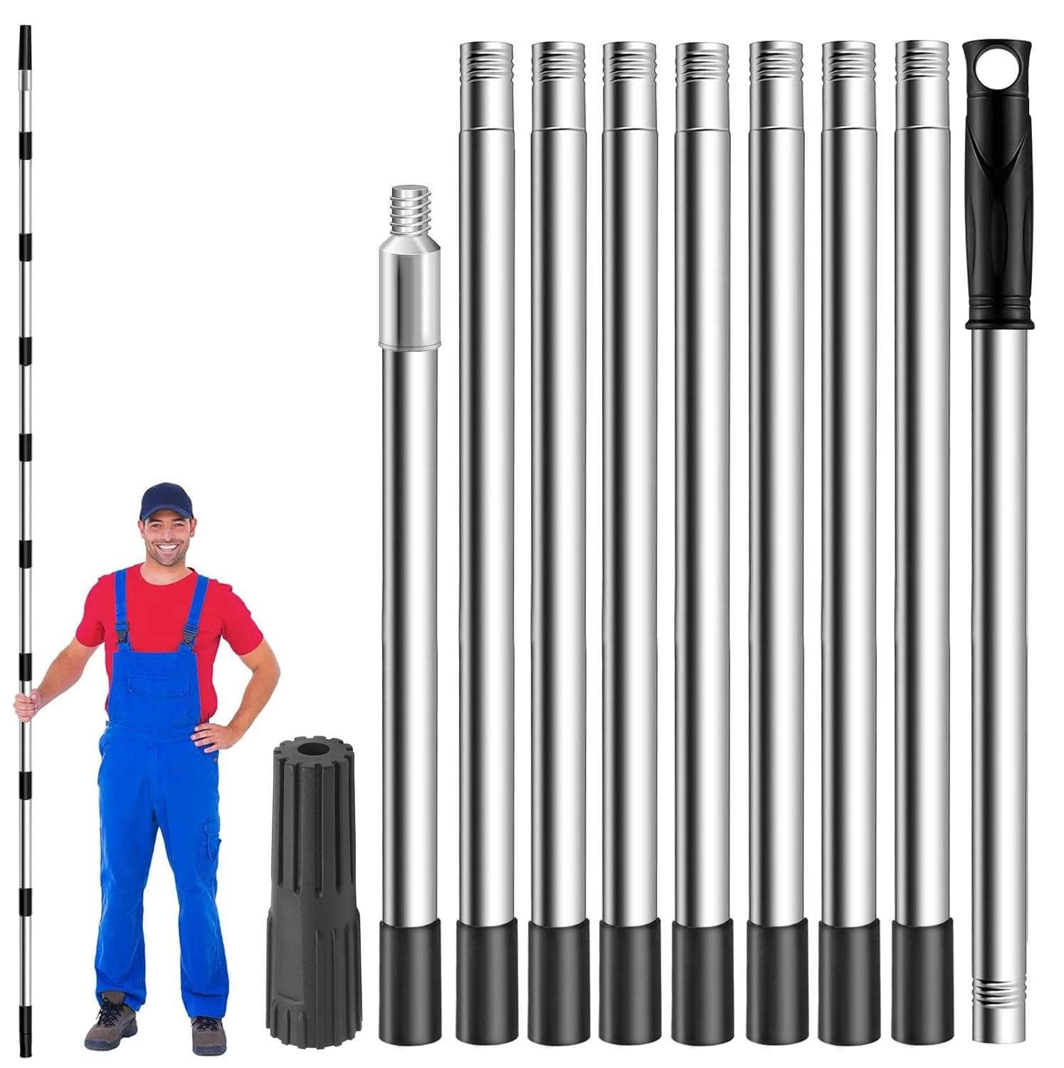 Paint Roller Extension Pole 11.8ft/3.6m, 10 Segmented Lightweight Stainless Steel Telescopic Pole, Extension Pole with Tapered Adapter, Extendable Roller Pole for Painting Gutter Cleaning Tools