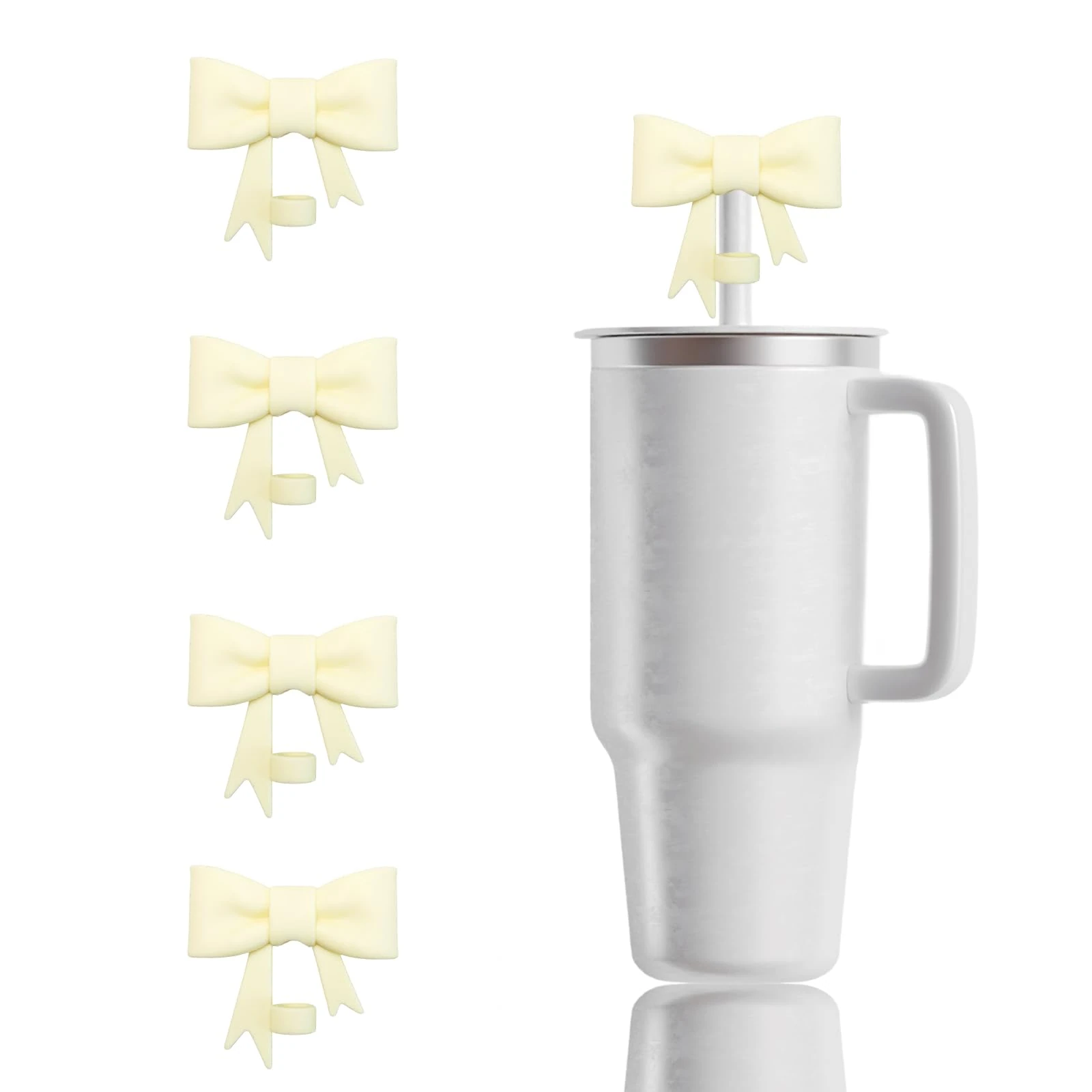 Bliceon 4 Pack White Bow Straw Covers Compatible with Stanley 30 and 40 oz Tumblers, Reusable Silicone Straw Toppers for Stanley Cup Accessories, Cute Cup Cap Toppers (White)