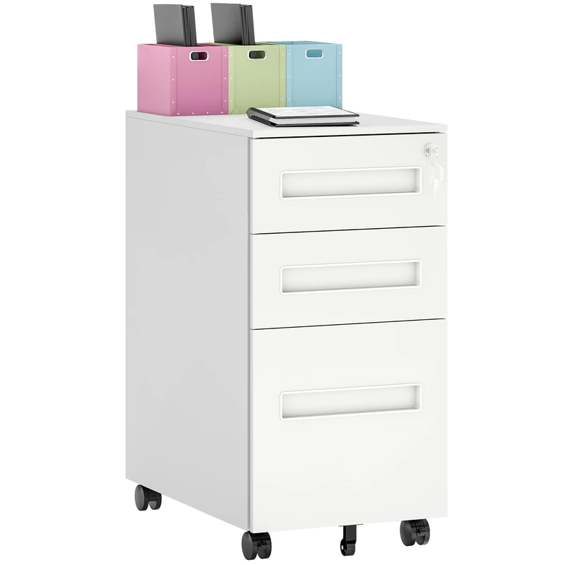 Vinsetto 3 Drawer Mobile File Cabinet, Metal Filing Cabinet with Lock and 5 Wheels for A4/Legal/Letter Sized Documents, Hanging File Folders, Pre-Assembled Body, 30 x 43.5 x 60 cm, White