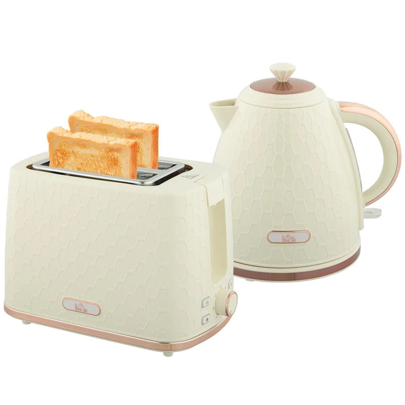 HOMCOM Kettle and Toaster Set, 1.7L 3000W Fast Boil Jug Kettle with Auto Shut Off, 2 Slice Toaster with 7 Level Browning Controls & Crumb Tray, UK Otter Thermostat, Beige