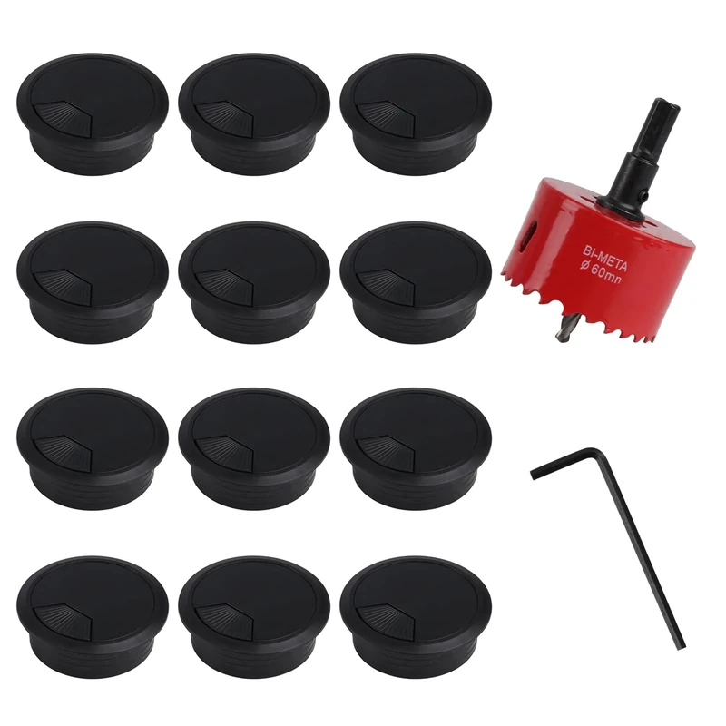 60mm Hole Saw Drill Bit & 12 Pcs Round Desk Cable Hole Cover, Black 60mm Desk Hole Covers, Plastic Desk Grommets, HSS Metal Hole Cutter, Plastic Desk Cord Computer Wire Cable Hole Cover Grommets