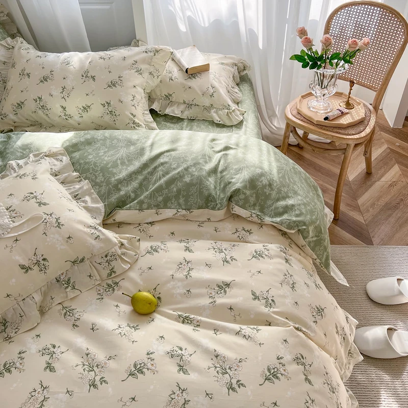 MKXI Cottagecore Reversible Cotton Duvet Cover Set for Students and Students Reversible Bedding Set, Beige