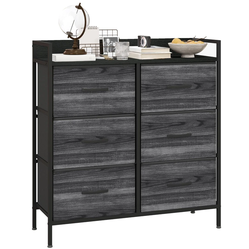 HOMCOM Bedroom Chest of Drawers, Fabric Dresser with 6 Drawers, Storage Organiser Unit with Open Shelf and Metal Frame for Living Room, Entryway, Black