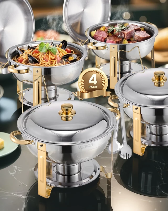 VEVOR Chafing Dish Buffet Set, 5 Qt 4 Pack, Stainless Steel Chafer with 4 Full Size Pans, Round Catering Warmer Server with Lid Water Pan Folding Stand Clip, for Weddings Parties Banquets, Gold