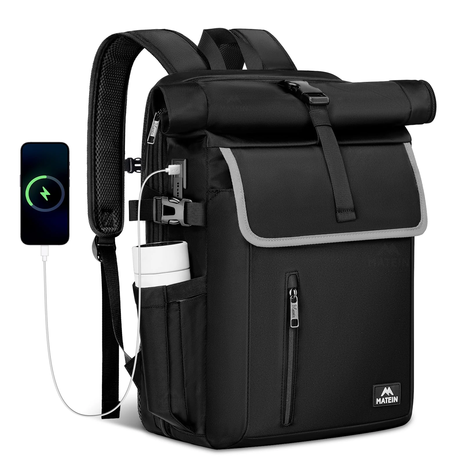 MATEIN 36L Large Roll Top Backpack, 17 Inch Waterproof Laptop Backpack with RFID Pocket, Rolltop Rucksack with USB Charging Port, Wide Opening Waterproof Rucksack for Women and Men, Work, Black