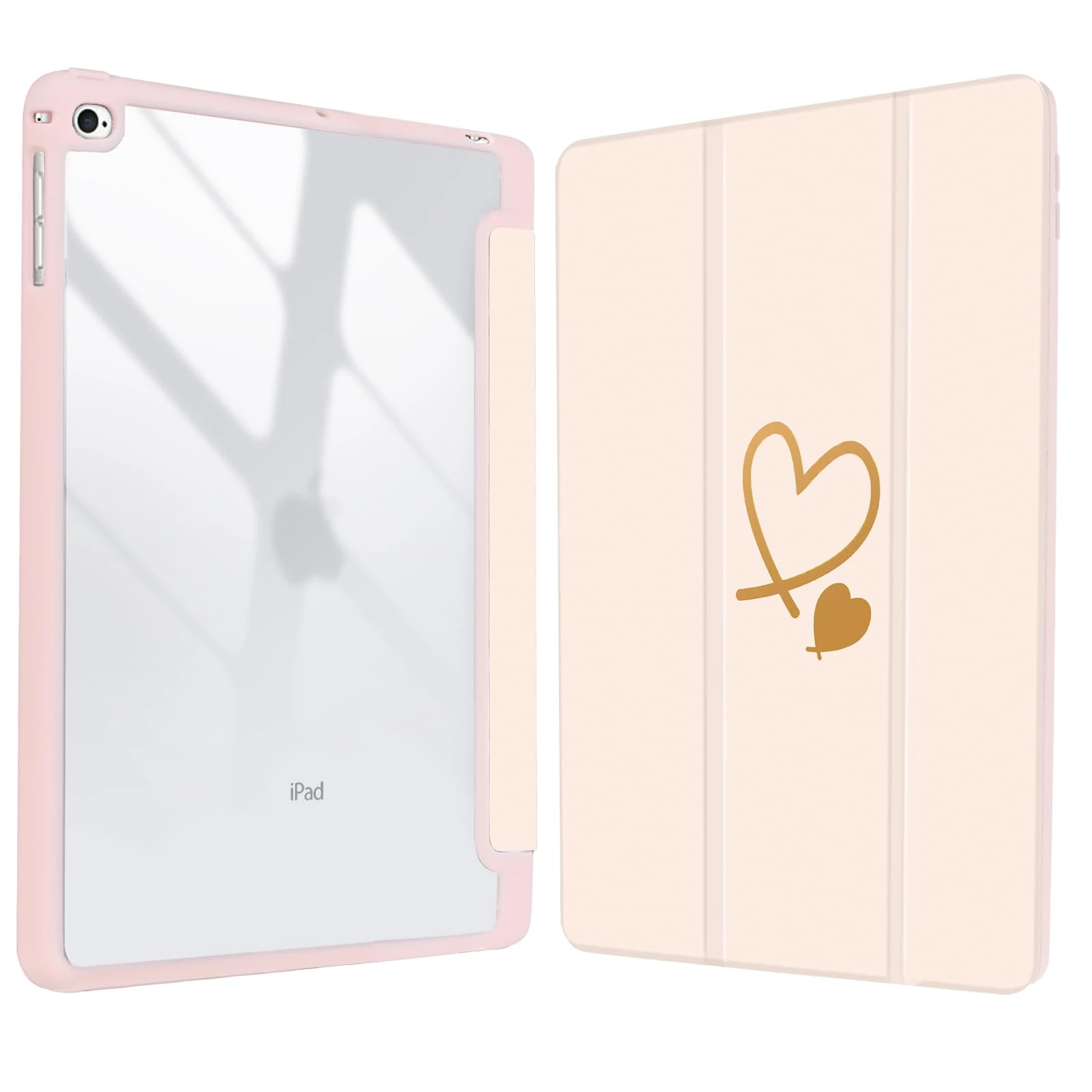 Vozehui 9.7 inch Cute Case for iPad 6th/5th Generation 2018/2017 Case Pink with Clear Back Shell w/Pencil Holder,Tri-fold Stand Protective Cover w/Auto Sleep Wake for iPad 6/5th Pink Heart