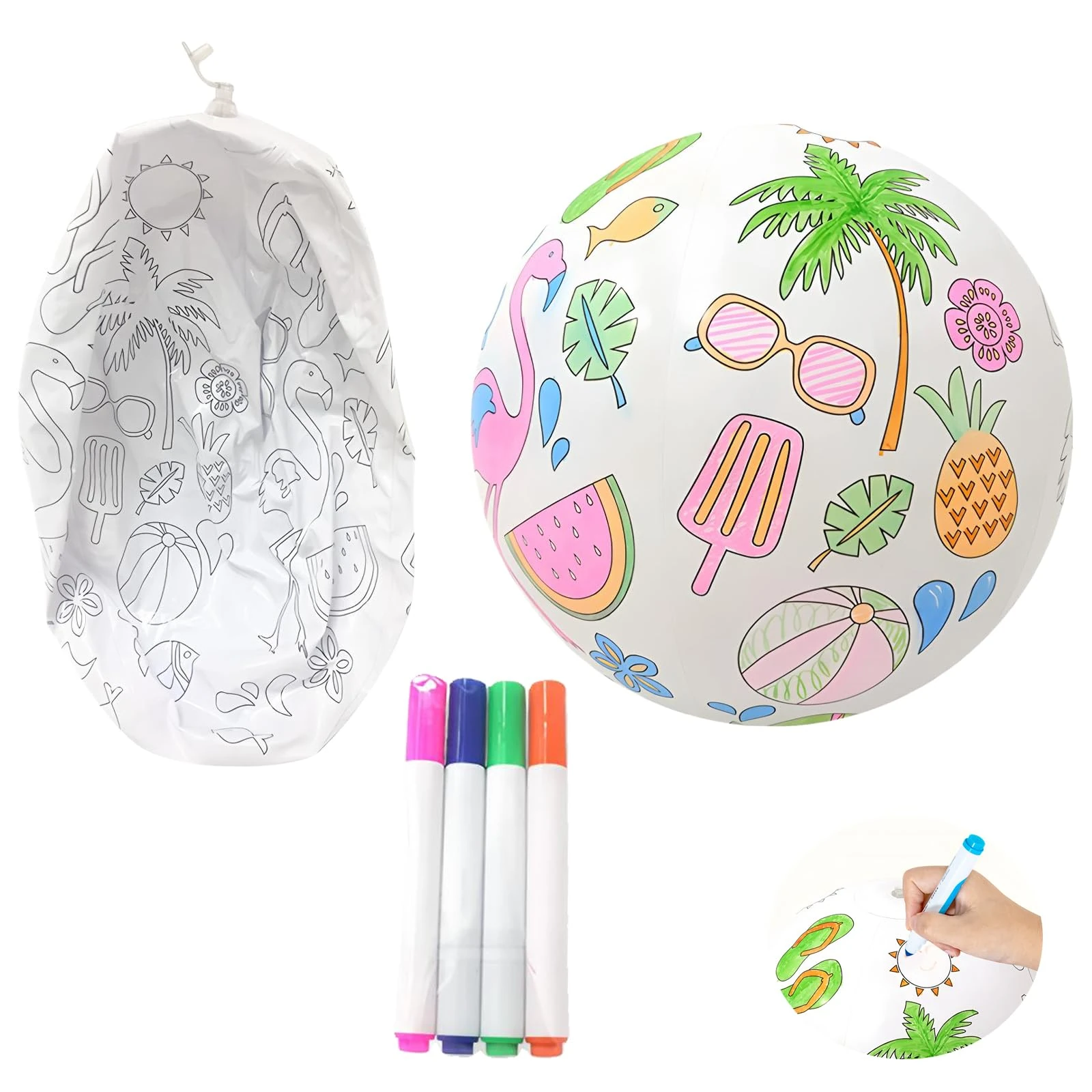 LHLZNB DIY Inflatable Beach Ball Inflatable Graffiti Ball，Color DIY painting ball, sports water ball，Colour In Travel Design Cotton Balloon Cover and 4 Washable Fabric Markers
