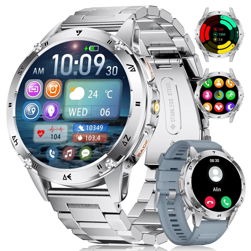 SUNKTA Smart Watch for Men with Flashlight/530mAh Battery, 1.43'' AMOLED Smartwatch for Android iOS, Military Sport Watch with Bluetooth Call Health Monitor IP68 Waterproof Fitness Tracker, Silver