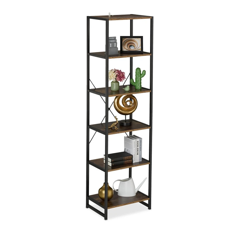 Relaxdays Bookcase with 6 Tiers, Industrial Look, HxWxD: 180 x 50 x 35 cm, MDF & Metal, Office File Rack, Black/Brown, Iron, Fibreboard