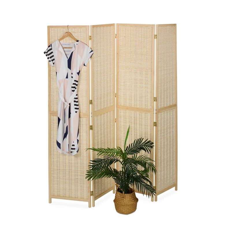 Relaxdays Room Divider, 4-Panel, Folding Screen, HxW: 180x182 cm, Bamboo & Wood, Partition Wall, Living Room, Natural