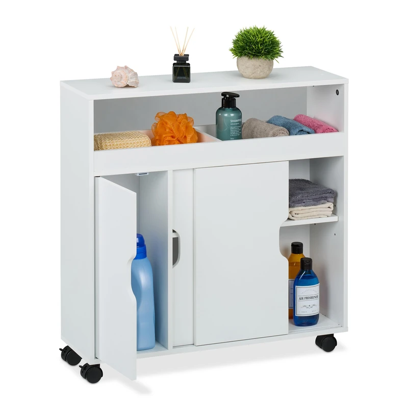 Relaxdays Slim Rolling Cabinet, 3 Compartments, 2 Shelves, 71x70x20 cm, Bathroom and Kitchen Storage Trolley, MDF, White, Plastic, Fibreboard - Image 1