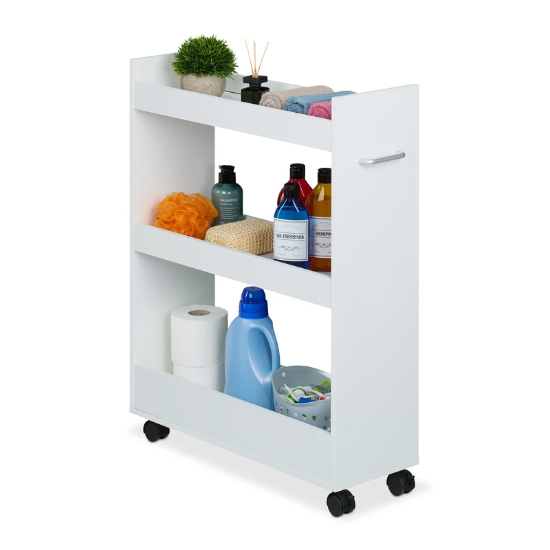 Relaxdays Slim Rolling Cart, 3 Shelves, HWD: 78 x 21.5 x 63 cm, Storage for Bathroom and Kitchen, Narrow Trolley, White, Plastic, Fibreboard, Steel