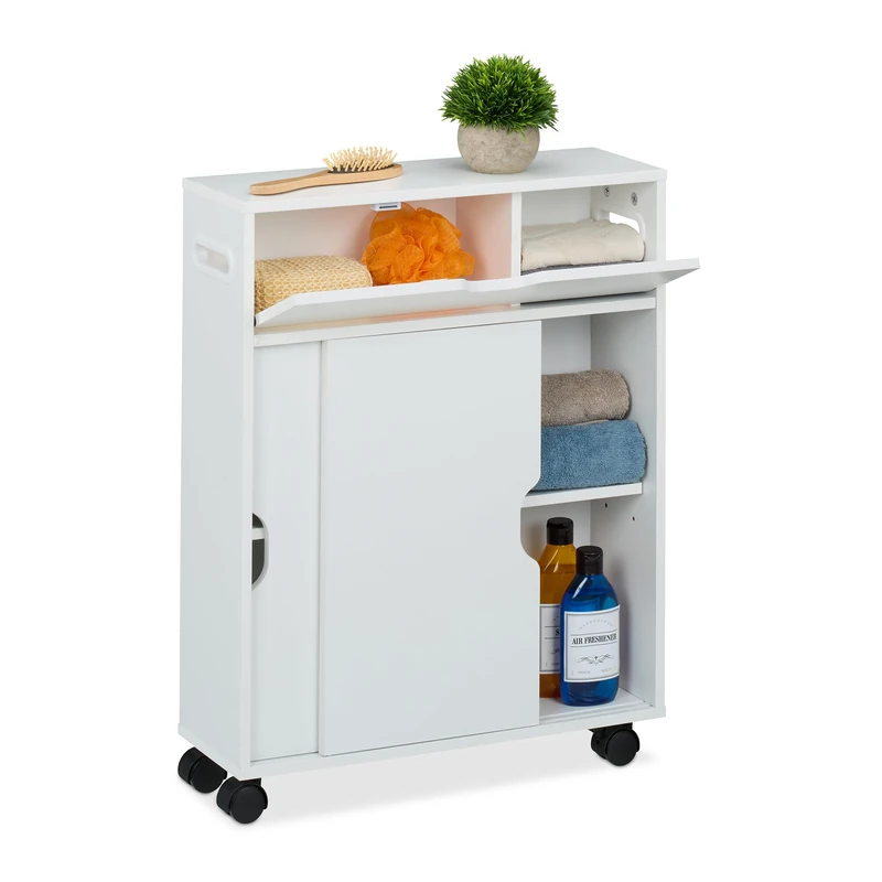 Relaxdays Slim Rolling Cart, Sliding Doors, HWD: 67 x 17 x 52 cm, Bathroom and Kitchen, Narrow Trolley Cabinet, White, Fibreboard, Plastic