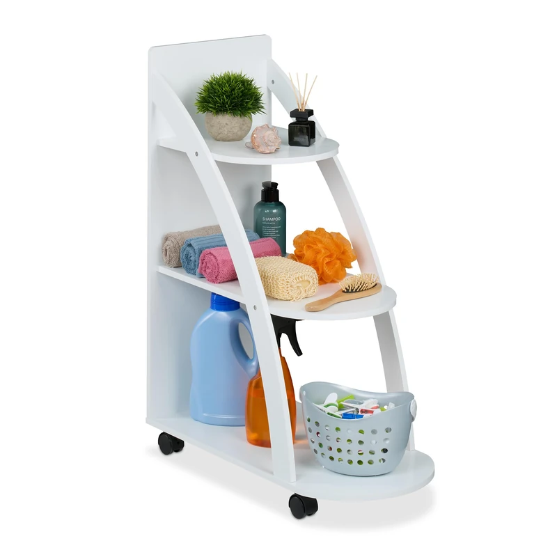Relaxdays Rolling Cart, 3 Tiers, HWD: 80 x 60 x 30 cm, 4 Wheels, Bathroom & Kitchen Storage, MDF, Utility Trolley, White, Plastic, Fibreboard