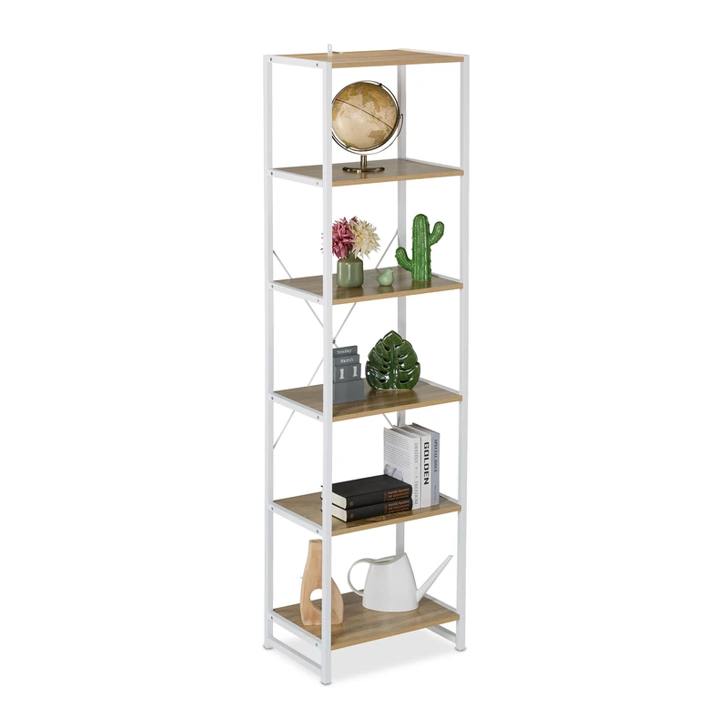 Relaxdays Bookcase with 6 Tiers, Industrial Look, HxWxD: 180 x 50 x 35 cm, MDF & Metal, Office File Rack, White/Natural, Fibreboard, Iron