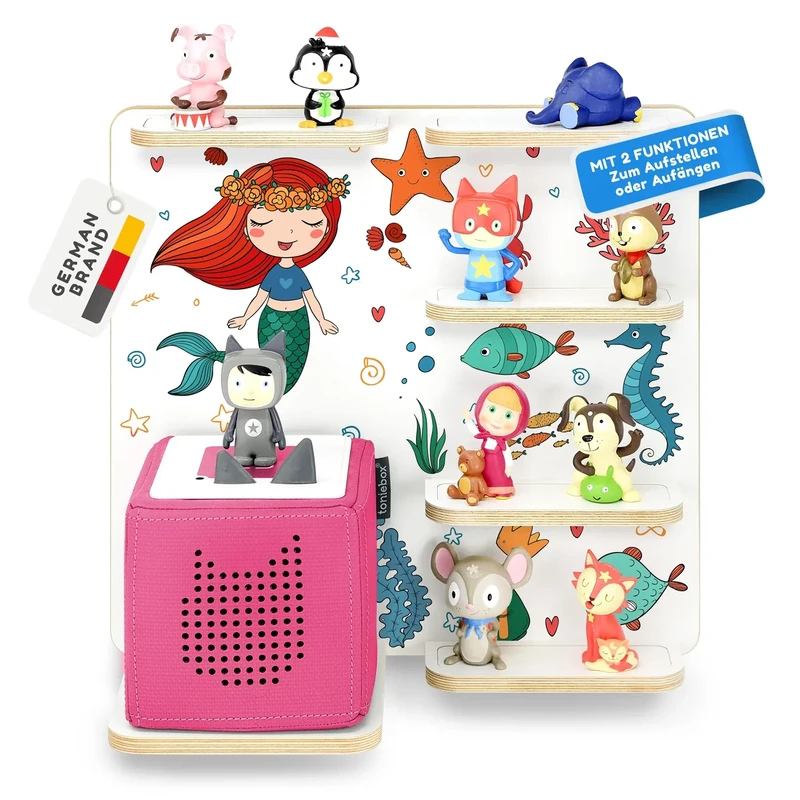 stadtecken Wooden Music Box Shelf - Fits Toniebox & Approx. 40 Tonies | Perfect Storage for Nursery | Hanging | Expandable (Mermaid)