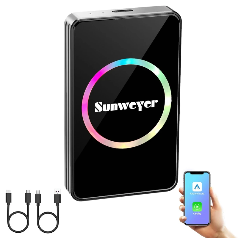 Sunweyer SW12 Wireless CarPlay Adapter 3 in 1 Car Streaming Ai Box Support Netflix,YouTube,Hulu,Disney+,Tiktok,PrimeVideo,Android Auto Wireless Adapter,HDMI Output,App Installation Car Box
