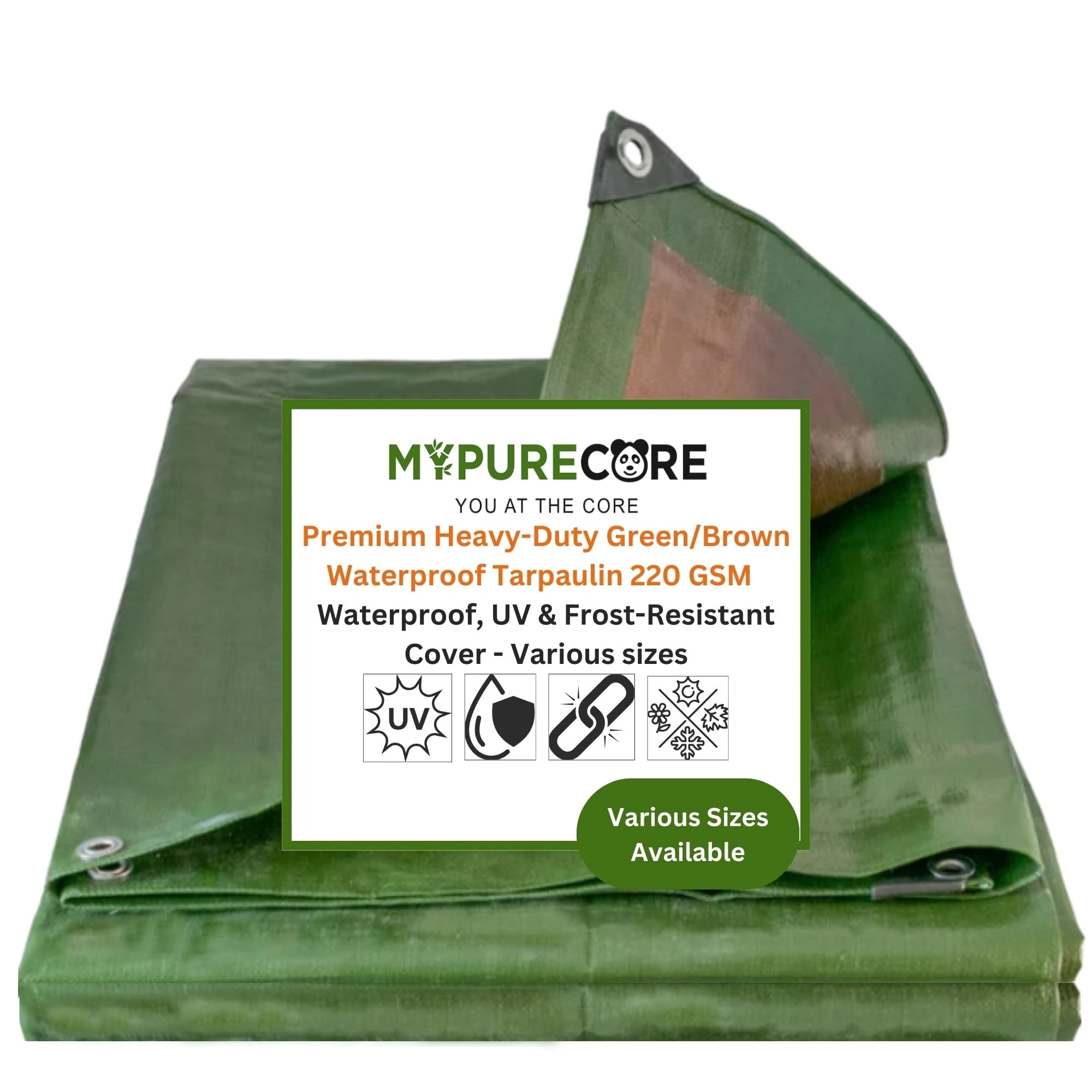 MYPURECORE Heavy-Duty Tarpaulin 220 GSM – Waterproof, Dual-Colour Green/Brown, Reinforced Eyelets Every 50cm, Ideal for Camping, Garden, Greenhouse, Outdoor Furniture, Trailers & Sheds (6m x 6m)