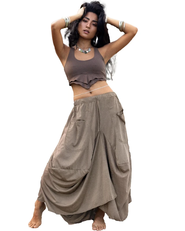 Thaluta Women's Maxi Skirt Bohemian with Pockets Gypsy Elastic High Waist Cotton, Taupe - Earth, One Size