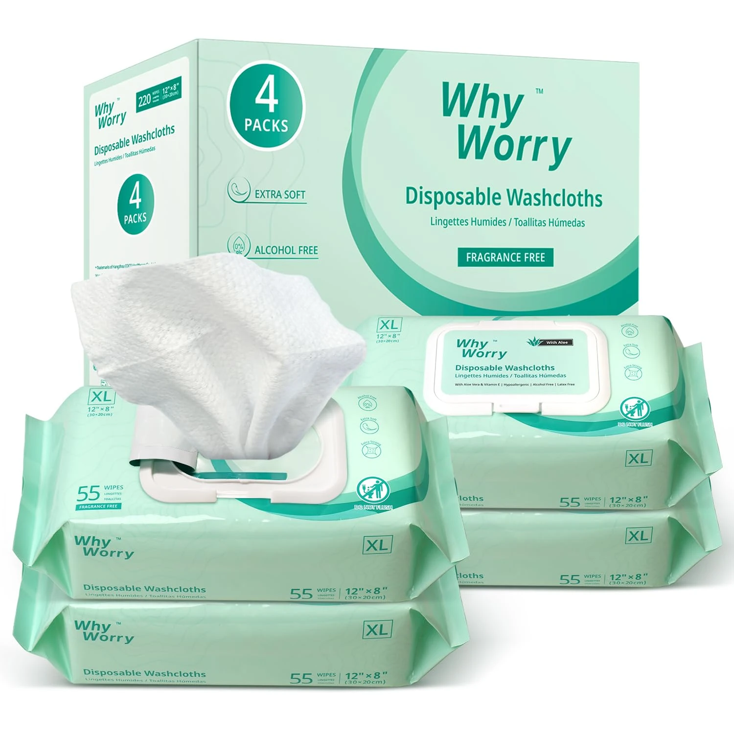 WhyWorry Wet Wipes for Adults, Extra Large 20x30 cm Body Cleaning Wipes for Elderly Care & Incontinence Cleansing, Extra Thick Adult Washcloths Disposable with Aloe & Vitamin E, Unscented, 220 Count