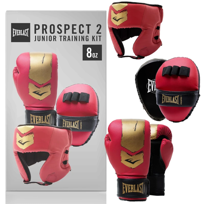 Everlast Prospect 2 Youth Training Kit Red/Gold, 8oz Youth Gloves, Mitts & Headguard, Protective MMA & Kickboxing Equipment - Authentic Everlast