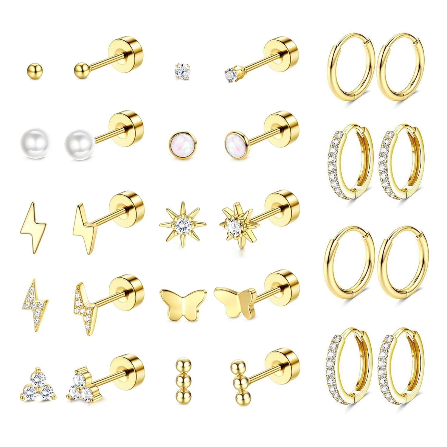 Morfetto 14Pairs Flat Back Gold Earrings for Women Set Hypoallergenic Surgical Steel Stud Hoop Cartilage Earring Stack Ear Conch Daith Tragus Helix Piercing Jewellery