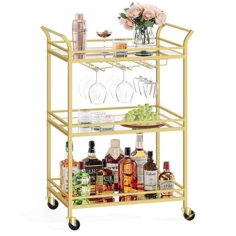 VASAGLE 3-Tier Drinks Trolley, Gold Bar Serving Trolley on Wheels, with Mirrored Glass Shelves, for Small Spaces, Kitchen, Dining Room, Living Room, Home Bar, 38 x 60 x 92 cm, Gold LRC100A01