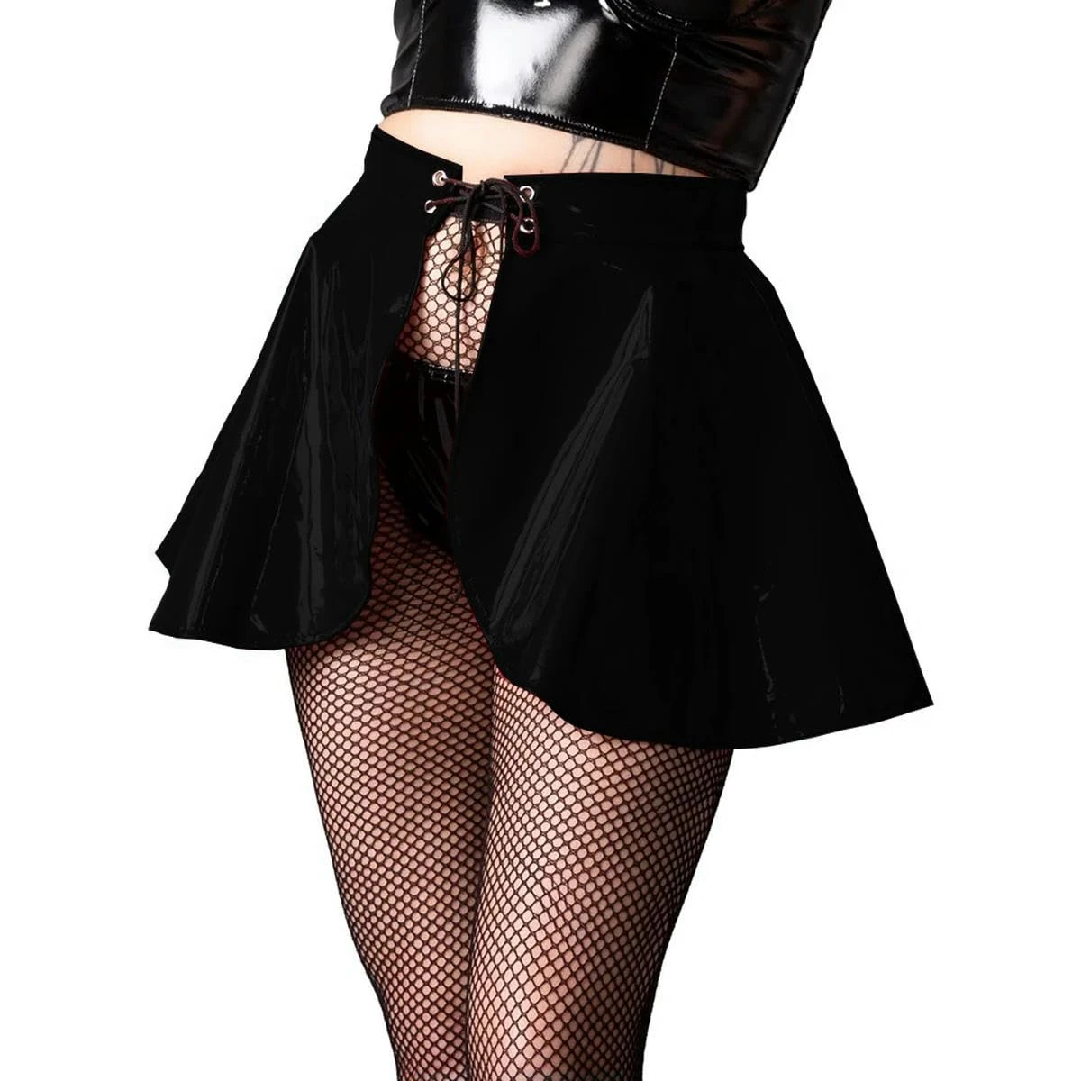 XINLIANYI PVC Mini Skirt Shiny Patent Leather lace up Skirt Vinyl Ruffles Plus Size Black