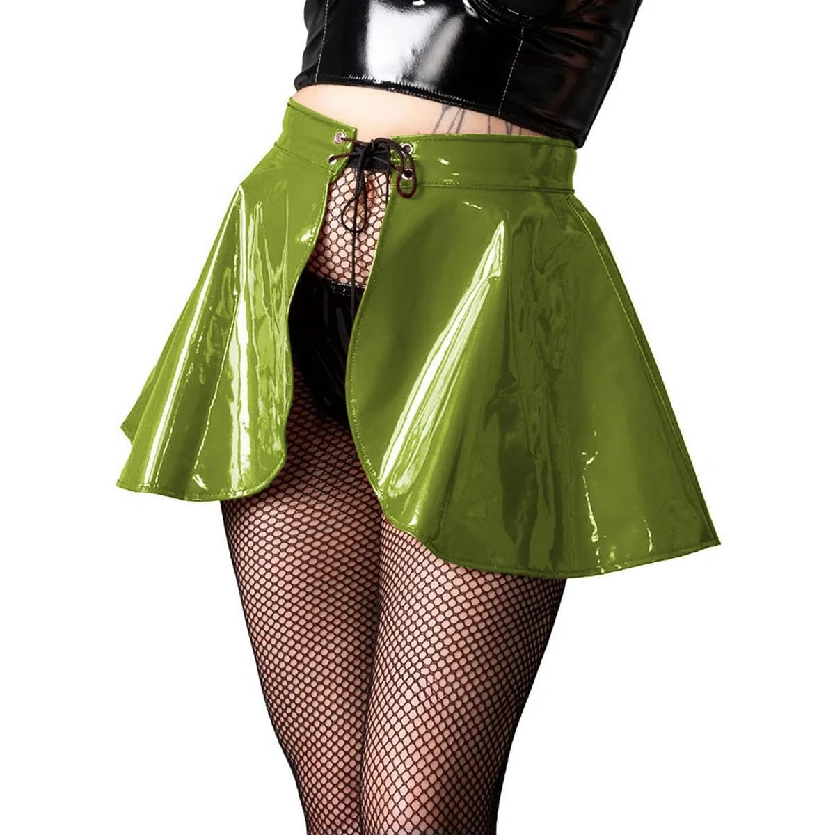 XINLIANYI PVC Mini Skirt Shiny Patent Leather lace up Skirt Vinyl Ruffles Plus Size Grass Green